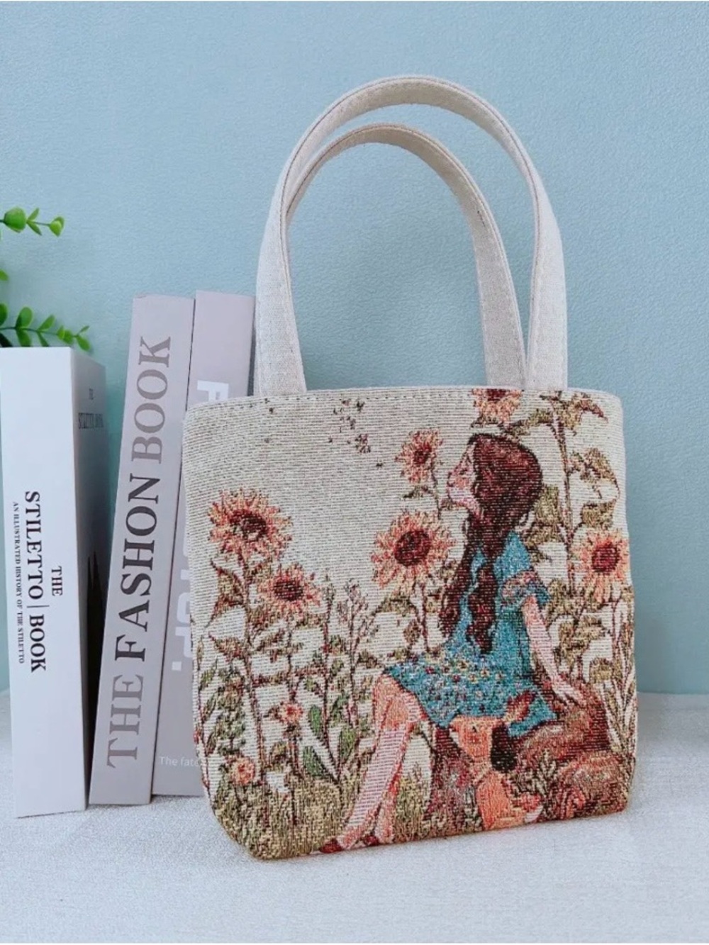 Floral Girl Canvas Small Tote Bag in Beige -New-Boutique